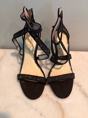 Jessica Simpson Black Glitter Ankle-Strap Heels